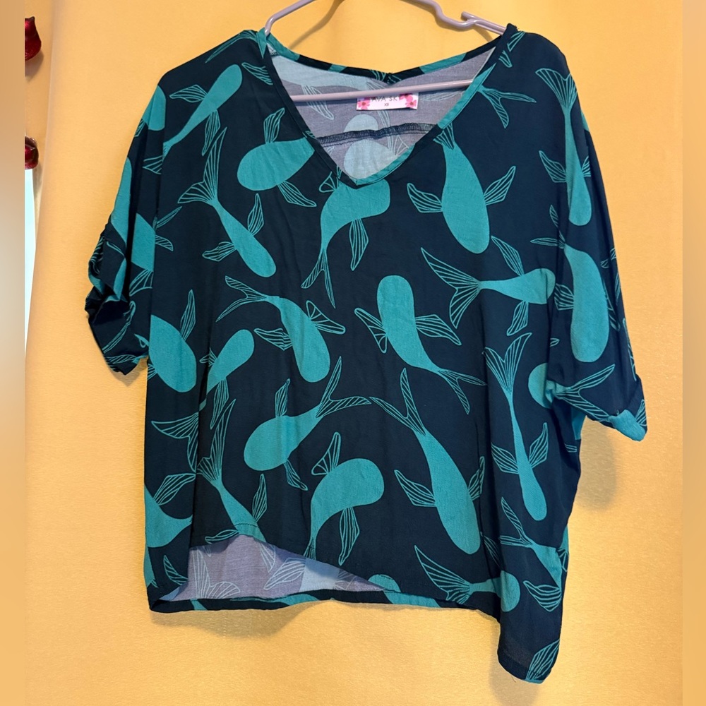 Ava Sky Dark and Light Teal Koi Print Short-sleeve Blouse with cuffed sleeves